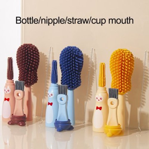 Tnobhg Silicone Bottle Cleaning Brush Cartoon Shape Flexible Bristles Design Dishwasher Safe 4-in-1 Baby Bottle Cleaner Brush Set