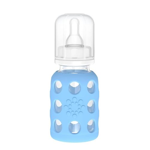 Lifefactory 4-Oz Glass Baby Bottle with Protective Silicone Sleeve and Stage 1 Nipple Sky Blue