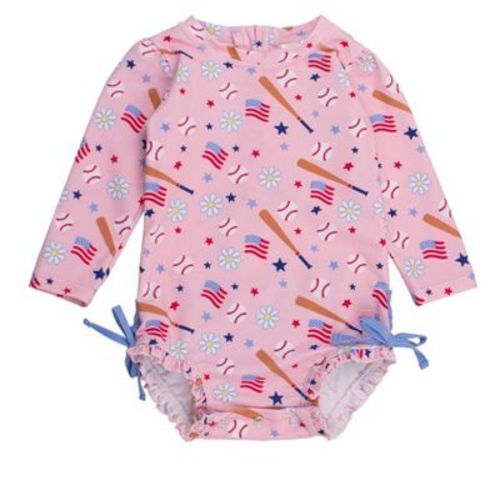 RuffleButts Baby Girls UPF50+ Sun Protected Americana Long Sleeve One Piece Rash Guard - Pink Play Ball, 0-3m