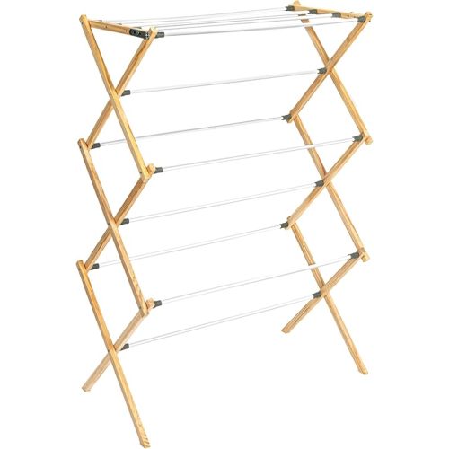 Household Essentials X-Frame Clothes Drying Rack, Stabile Wood Frame with Slanted Feet, Smooth Vinyl Wrapped Rods, 23.8 Feet of Hanging Space, Ready to Assemble, Flat Top, Natural