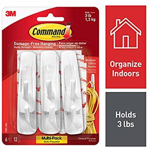 Command Utility Hooks, Holds 3 lbs, Indoor Use (17001-6ES) - 6 Hooks