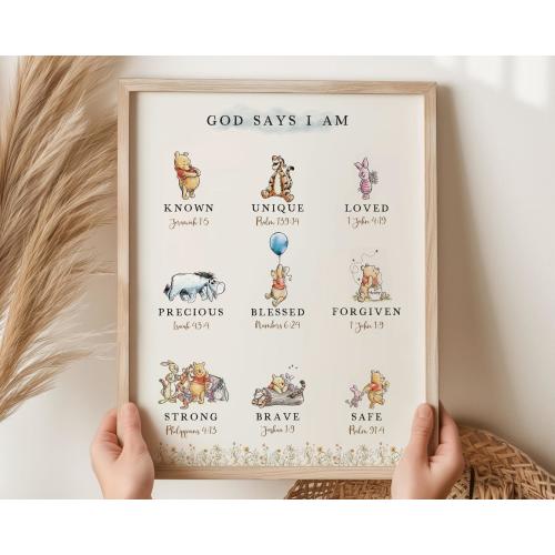 Winnie The Pooh Nursery Art: God Says I Am, Bible Verse (Printable)