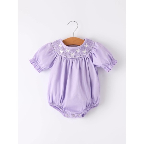 Girls Butterfly Smocking Embroidered Purple Romper