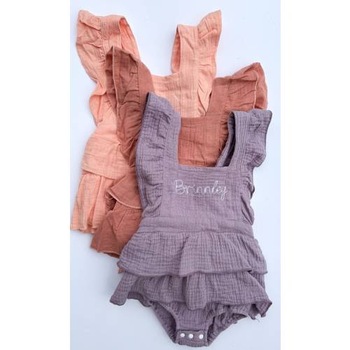 Embroidered Ruffle Baby Girl Romper, Personalized Cotton Baby Romper, Custome Muslin Bubble Suit, Mauve Ruffle Butt Summer Outfit for Baby