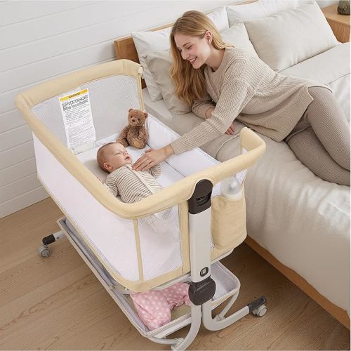 Baby Bassinet, Bedside Sleeper for Newborns Convertible Co-Sleeper Crib with Breathable Mesh, 6-Level Height Adjustment, Built-in Storage, Foldable Portable Bassinet for Home or Travel, Beige