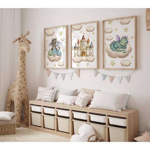 Set of 3 Dragon Prints, Castle Wall Art Set, Stars Posters, Modern Art, Kids Bedroom Decor, Boy Nursery Decor, Playroom Prints