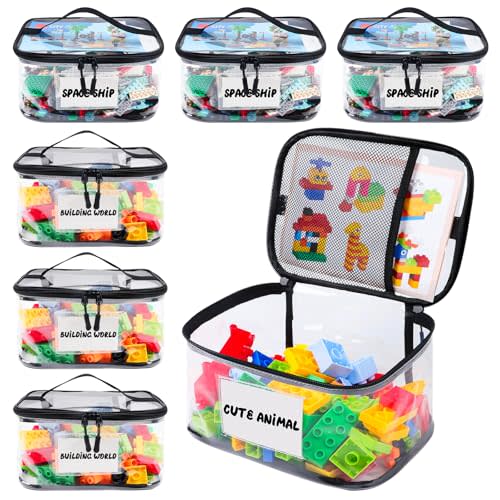 Tesuko 6 Pack Clear Toy Storage Bag with Name Tag& Manual Pocket, Waterproof Transparent PVC Toy Organizer Case for Lego Bricks, Board Games, Building Blocks, Puzzles (Large Capacity, Black)