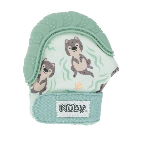 Nuby Happy Hands Silicone Teething Mitten for Babies - Soft Silicone Massaging Teether - Soothes Sore Gums - Easy-to-Wear and Machine Washable - 3+ Months - Otter