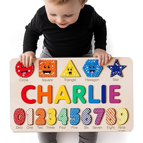 Zuzu Wooden Personalized Puzzle with Name, Numbers, Shapes | First Birthday Gift | Heirloom Keepsake | Educational and Fun Toy for Toddlers