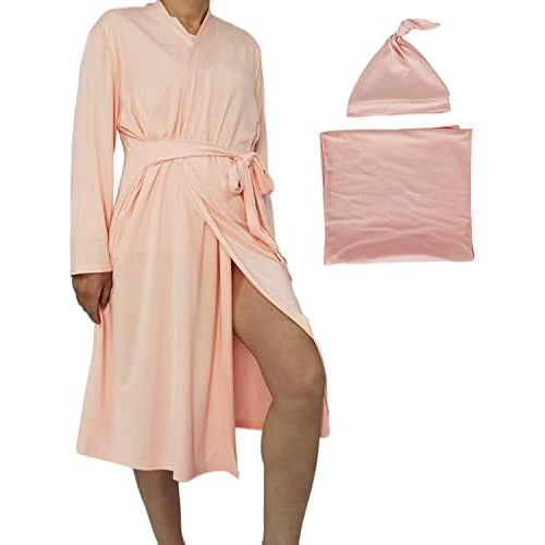 SUFEINI Maternity Robe and Matching Baby Swaddle Blanket Set, Mommy Robe with Receiving Blanket Girls Boys Sleepwear