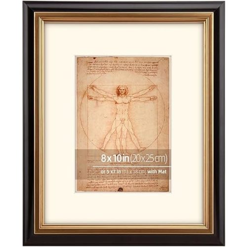 8x10 Black and Distressed Gold 2 Tone Vintage Neutral Picture Frame, Hand Painted Real Wood Profile, Matted for 5x7 Photo, Prints or Paintings, Brass Inner Border