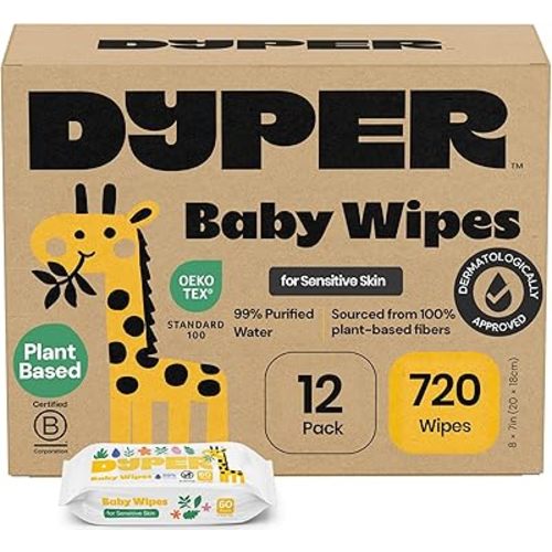 DYPER Baby Wipes Unscented (720 Count) | Fragrance Free, Hypoallergenic Baby Wipes for Sensitive Skin | 99% Purified Water, Plant-Based, Dermatologist Tested | Plastic-Free Wet Wipes, 12 Pack