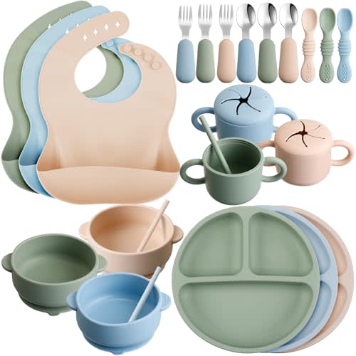 24 Pack Silicone Baby Feeding Set Baby Led Weaning Supplies Includes Suction Divided Plates Soft Bowl Spoons Forks Adjustable Bib Snack Cup and Straws for Baby Self Eating Feeding Supplies, 3 Colors
