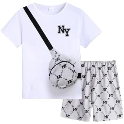 Summer Outfits Boys Fashion Short Sleeve T Shirt Short Set Cross body Bag 3 Piece Causal Outfit Size 7-15