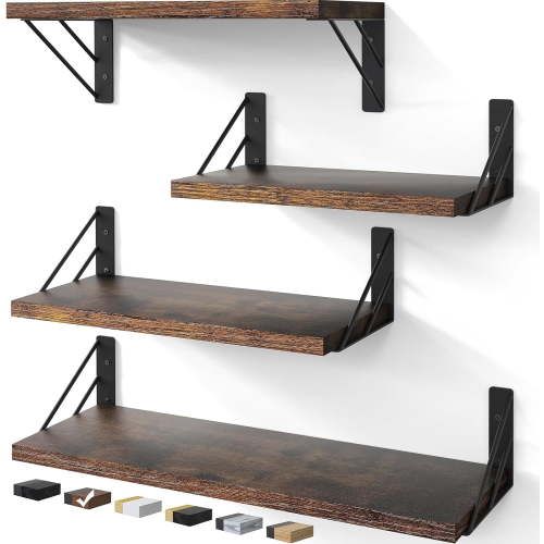 BAYKA Wall Shelves for Bedroom Decor, Floating Wall Shelves for Living Room Kitchen Storage, Wall Mounted Rustic Wood Floating Shelves for Kids Books, Corner Shelf for Bathroom(Rustic Brown，Set of 4)