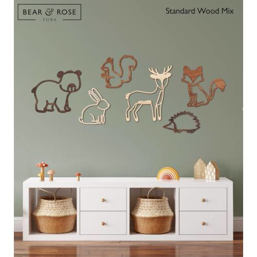 Woodland Set of 6 Animals - Fox, Bear, Deer, Hedgehog, Squirrel, Rabbit | Wooden Nursery Wall Decor | Forest Animals | Scandi Baby Play Room
