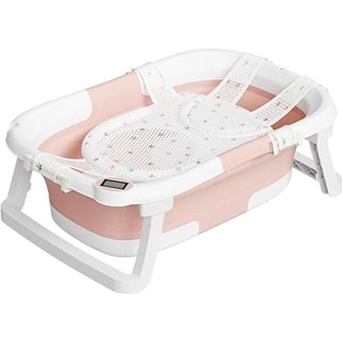 Collapsible Baby Bathtub,Baby Bath Tub with Soft Cushion & Thermometer,Baby Bathtub Newborn to Toddler 0-36 Months,Portable Travel Baby Tub