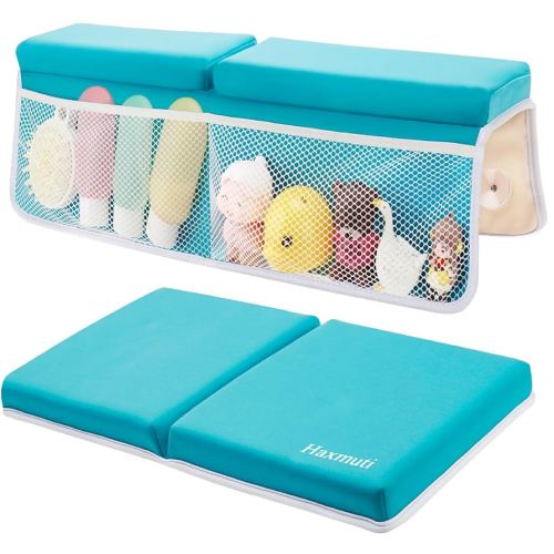 Bath Kneeler and Elbow Rest Pad Set, Thick and Quick Dry Kneeling Pad Support for Knee and Arm, Extra Large Baby Bath Kneeler Pads Bathtub Mat with Toys Organizer for Baby Bath Time, Blue