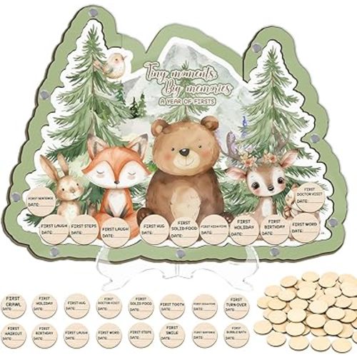 Woodland Themed Baby Memory Book, Baby Milestone Book, Baby Book to Record Baby's Milestones Wooden Souvenir Set,Baby First Moments Signs Gift, Nursery Decor, Baby Shower for New Parents