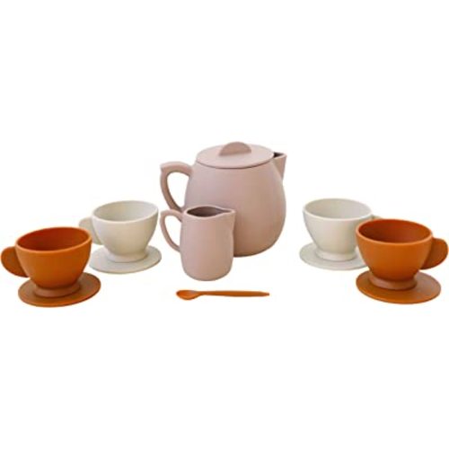 Marlowe & Co Silicone Tea Play Set for Children, Montessori 12 Piece Silicone Dishwasher Safe Tea Set, Fine Motor and Language Skills Kitchen Toy, Gift for 3 4 5 6 Year Old (Botanical Rose)
