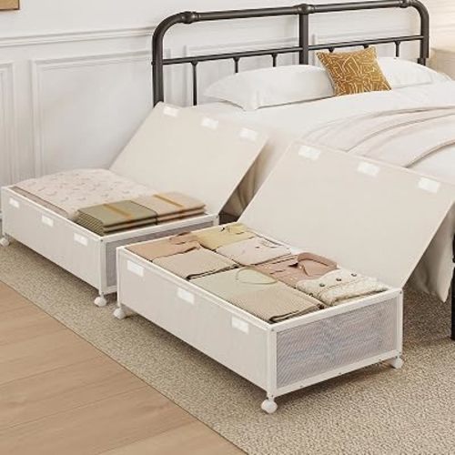 2 Pack Under the Bed Storage Containers,10 inch Height Under Bed Shoe Storage,31inch Long Underbed Storage with Wheels,Large Rolling under bed Clothes Storage Drawers with Lid for Dorm Tall ,Ivory