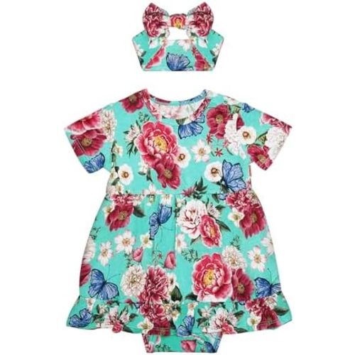Infant Baby Girl Bodysuit Dress with Hairband Set, Bamboo Viscose Summer Clothes Outfit