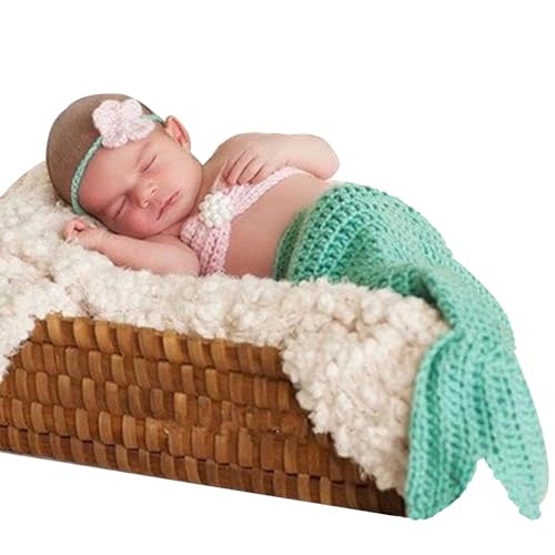 M&G House Newborn Photography Prop Mermaid Outfit Baby Photo Props Handmade Crochet Mermaid Tail Outfit Baby Mermaid Costume Set Headband Bra Tail
