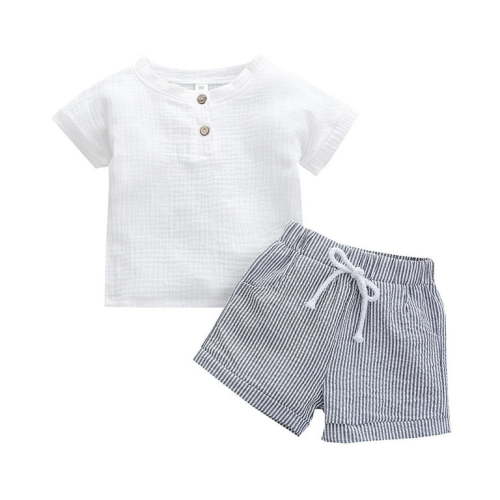 TAIAOJING Baby Boys Summer Clothes Sets Outfits Unisex Spring Cotton Ribbed Short Sleeve Striped Shorts Outfits Clothes 6-12 Months