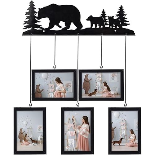 Giftgarden Black Bear Decor Hanging Picture Frames 4x6, Woodland Bear Themed Bedroom Nursery Cabin Decoration, Wall Mounting