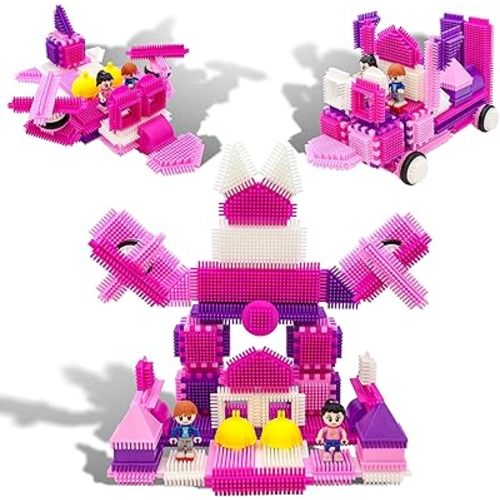 PicassoTiles PTB106 106pcs Hedgehog Lock Building Blocks Tiles Pink Castle Theme Set w/Human Figures Learning Playset STEM Toy Set Educational Kit Child Brain Development Preschool Kindergarten Toy