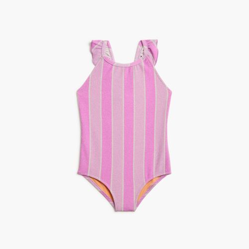 Girls' shimmer-stripe ruffle-strap one-piece swimsuit, Smoky Lilac Multi - size 2