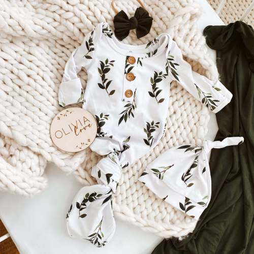 Olive Leaf Newborn Baby Knot Gown & Hat Set