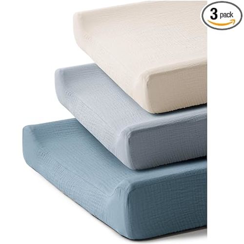 3 Pack Muslin Changing Pad Covers for Girl Boy, 100% Soft Cotton Changing Table Cover, Breathable Baby Nursery Diaper Chang Pad Sheets (Blue)