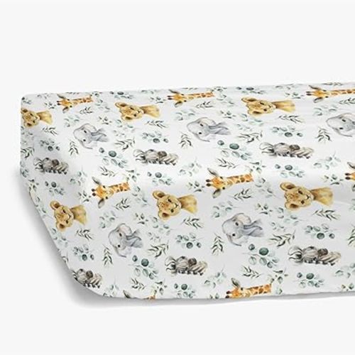 HawSkgFub African Safari Animal Eucalyptus Leaf Fitted Standard Baby Crib Sheet, Neutral Jungle Elephant Giraffe Zebra Lion Toddler Mattress Cover, Soft Stretchy Nursery Bed Sheets Kids Gift 52" x 28"