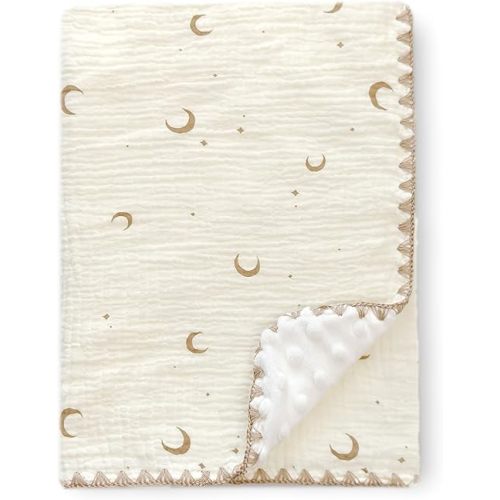 Baby Blanket Cotton Muslin Swaddle Thick Crib Bedding Dotted Backing Double Layer Receiving Blanket 40"x40" (Moon Stars)