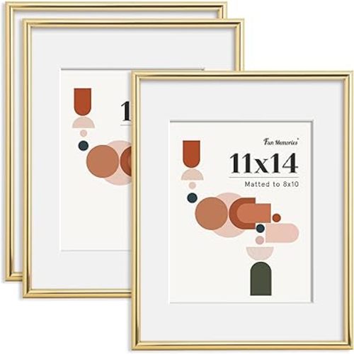 Fun Memories 11x14 Picture Frame, Display 8x10 With Mat or Without Mat, HD Plexiglass, Wall or Tabletop Display, Wall Hook Included, Gold, 3 Pack