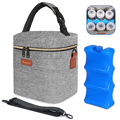Mancro Baby Bottle Bag with Insulated Cooler, Fits 6 Baby Bottles Up to 9 Ounce with Ice Pack, Breastmilk Cooler Bag with Adjustable Shoulder Strap for Easy Carrying, Grey