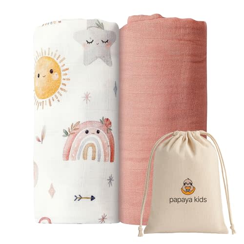 Papaya Kids Muslin Swaddle Blankets for Newborns, Pink Baby Blanket & Clouds 2-Pack – Viscose derived from Bamboo & Cotton Baby Gifts, 47x43, Breathable Receiving Blankets, Baby Blankets for Girls