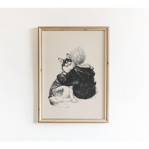 Boy and Husky Nursery Print: Vintage Dog Sketch (PRINTED AND SHIPPED)