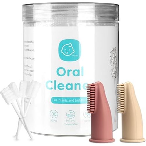 Baby Tongue Cleaner Toothbrush 30Pcs Disposable Infant Tooth Brush Clean Baby Mouth with 2Pcs Finger Toothbrush Oral Cleaning Stick Gauze Cleaner Stick Dental (Beige, 32 Piece Assortment)