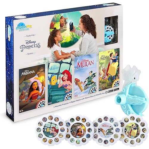 Moonlite Mini Projector with 4 Disney Princess Stories - A New Way to Read Stories Together - 4 Digital Stories with Light Projector - Disney Princess Toys and Gifts for Kids Ages 1 and Up