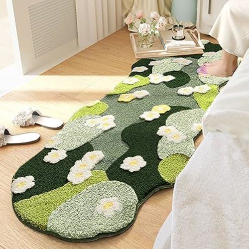 Moss Flower Bath Rugs Green Bathroom Rug, Cute Bath Mat Non Slip Ultra Soft Absorbent 3D Moss Carpet Washable Water Moss Carpet Bed for Bathroom Bedroom Kitchen Living (Green, 2ftx5.2ft)