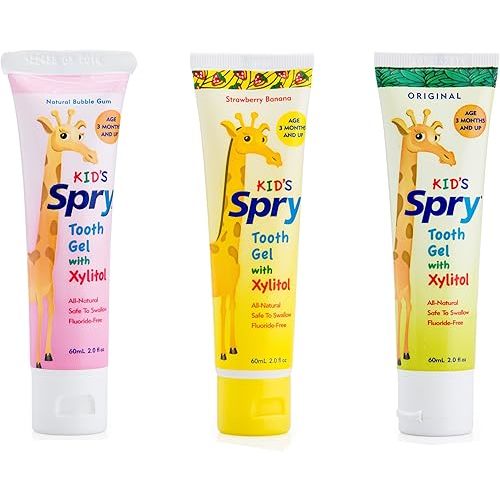 Spry Xylitol Baby Toothpaste, Natural Toddler Toothpaste, Fluoride Free Toothpaste, Xylitol Toothpaste for Kids Age 3 Months and Up, Strawberry Banana, Bubblegum, Original, 2 Fl Oz (Pack of 3)