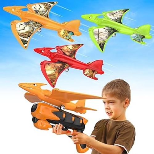 3 Pack Dinosaur Airplane Launcher Toys, Flying Toys for 3 4 5 6 7 8 9 10 Year Old Boys, Kids Foam Plane Outdoor Toys 5-12 Year Old Boy Gift Ideas, Airplane Birthday Gift Party Favors