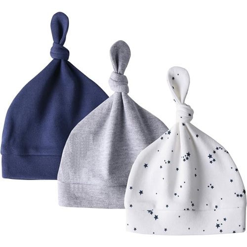 Owlivia Organic Newborn Knot Hats, Hospital Baby Beanies, Unisex Infant Caps, 3-Pack - 0-3 Months - Navy/Dark Gray Melange/Blue Star