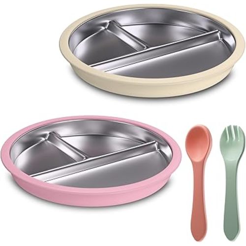 Stainless Steel Toddler Plate with Suction, 9” Divided Plates with Removable Silicone Sleeves for Kids, Non Toxic & BPA Free | Non Slip | Unbreakable Baby Snack Dishes Set of 2, Beige & Blush