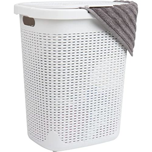 Mind Reader Slim Laundry Hamper with Lid, 50L Clothes Basket, Premium Wicker Design, Plastic, White