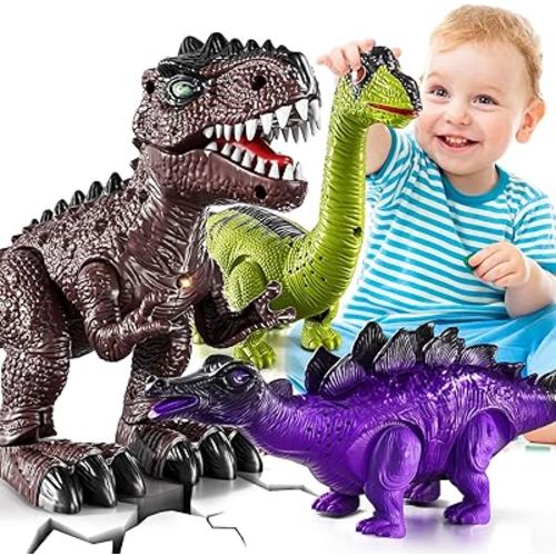 3-Pack Electronic Walking Dinosaur Toys for Toddlers 3-5, Moving Dinosaurs Toys with Lights, Roaring Sounds, T-Rex, Brachiosaurus & Stegosaurus, Xmas Birthday Gift for 3 4 5 6 Years Old Boys