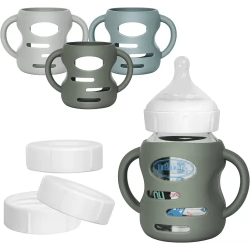 3 Pack Silicone Sleeves for Dr Brown Wide-Neck Glass Baby Bottles, Food GradeAnti Breakage Baby Bottle Holder with Handles and 3pcs Travel Bottle Caps, 5oz