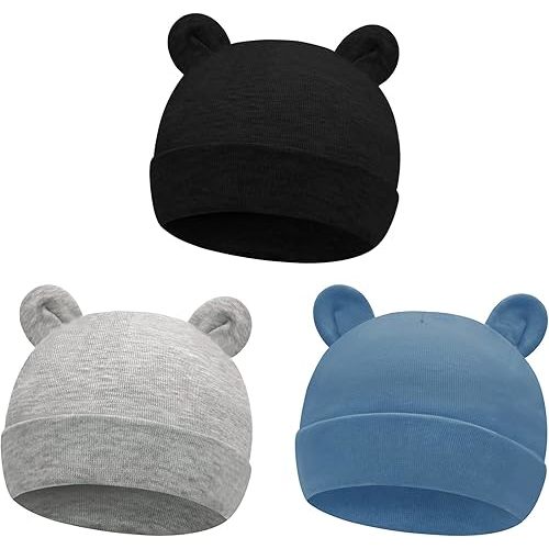 Sarfel Newborn Cotton Baby Beanie - D 3 Pack Black Grey Dark Blue